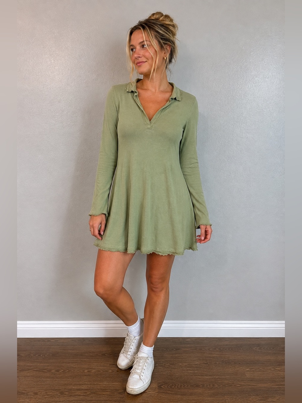 Linq Green Cotton Modal Mini Dress Silk Trim Size S